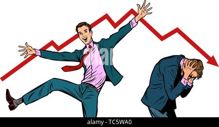 two businessmen. different emotions happiness joy smile and panic sadness fear. bankruptcy stock market crash Pop art retro vector illustration vintag Stock Vector