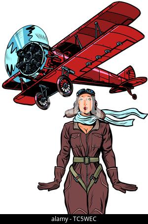 woman pilot of a vintage biplane airplane. isolate on white background. Pop art retro vector illustration vintage kitsch Stock Vector