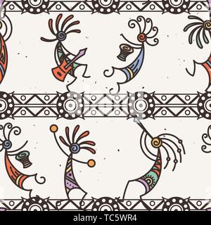 Hand drawn Kokopelli seamless pattern. Stylized mythical characters playing flutes. Vector art for prints. design, cards, children and coloring books, Stock Vector