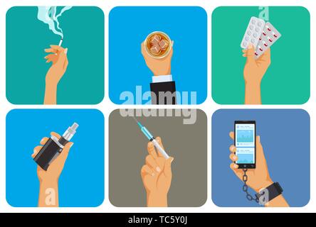 Set of bad habit, addiction icons, unhealthy lifestyle, smoking, alcohol, drugs, vape, gadget overuse, hand with cigarette, glass, syringe and Stock Vector