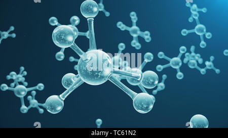 3D rendering molecule structure. Scientific medical background with atoms and molecules. Blue background. Scientific animation for your banner, text.  Stock Photo
