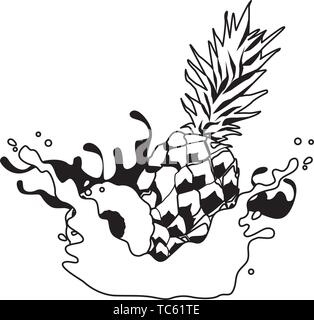 Pineapple with resfreshment drink splash in black and white Stock Vector