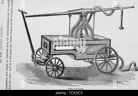 Engraving of the hand fire extinguisher engine, from the book 'Industrial history of the United States, from the earliest settlements to the present time' by Albert Sidney Bolles, 1878. Courtesy Internet Archive. () Stock Photo