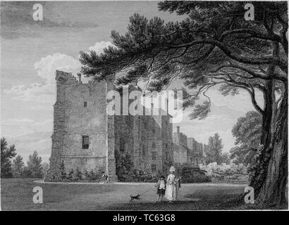 Engraving of the Brancepeth Castle in Durham, England, from the book 'Antiquities of Great Britain' by William Byrne and Thomas Hearne, 1825. Courtesy Internet Archive. () Stock Photo