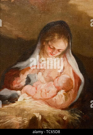 Nativity scene - Virgin Mary holding lovingly the Infant Jesus in her arms. By Antonio Balestra (1666-1740). Currently in Castello Visconteo. Stock Photo