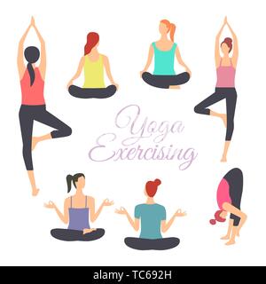 Girls exercising yoga flat hand drawn vector color characters set Stock Vector