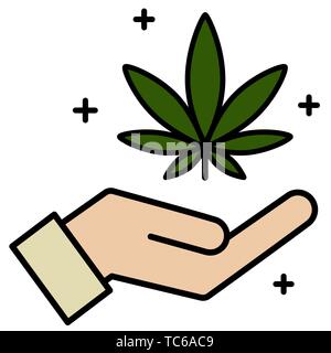 Cannabis, marijuana leaf in hand icon. Icon product label and logo graphic template. Isolated vector illustration on white background. Stock Vector