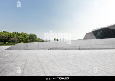 empty marble floor with beautiful lake in blue sky Stock Photo