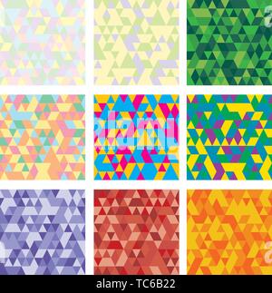 Set of 9 geometric pattern. Mosaic. Texture with triangles, rhombus. Abstract background an be used for wallpaper, pattern fills, web page background, Stock Vector