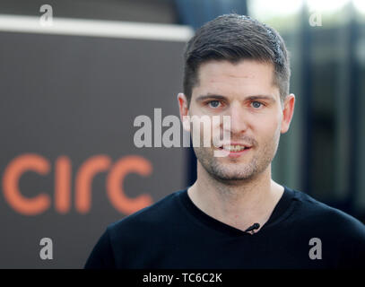Herne, Germany. 05th June, 2019. Max Hüsch, Managing Director of Circ (previously Flash), attends a press conference. In the city of Herne, several dozen electric scooters are to be put on the road with the permission of the local authorities. Credit: Roland Weihrauch/dpa/Alamy Live News Stock Photo