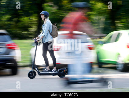 Herne, Germany. 05th June, 2019. Emina makes a test drive with the E-Scooter of Circ (formerly Flash). In the city of Herne, several dozen electric scooters are to be put on the road with the permission of the local authorities. Credit: Roland Weihrauch/dpa/Alamy Live News Stock Photo