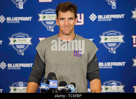 East Rutherford, New Jersey, USA. 5th June, 2019. New York Giants quarterback Eli Manning (10) takes media questions at the New York Giants minicamp held at the Quest Diagnostics Training Center in East Rutherford, New Jersey. Duncan Williams/CSM/Alamy Live News Stock Photo