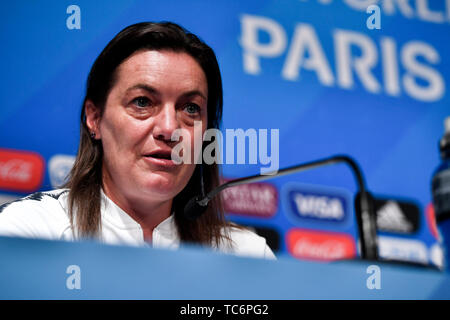 Paris. 6th June, 2019. Head Coach Corinne Diacre of France answers questions during the press conference held at the Parc des Princes in Paris, France on June 6, 2019. Credit: Chen Yichen/Xinhua/Alamy Live News Stock Photo