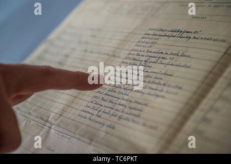 London, UK. 06th June, 2019. The ships original log from D-Day with entry, 05.27 Opened fire with full broadside to port - Imperial War Museums marks the 75th anniversary of the D-Day landings on board HMS Belfast. Credit: Guy Bell/Alamy Live News Stock Photo