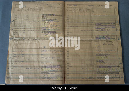 London, UK. 06th June, 2019. The ships original log from D-Day with entry, 05.27 Opened fire with full broadside to port - Imperial War Museums marks the 75th anniversary of the D-Day landings on board HMS Belfast. Credit: Guy Bell/Alamy Live News Stock Photo