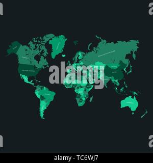 Vector map of the world, high quality hand drawn illustration. Green countries on dark gradient background Stock Vector