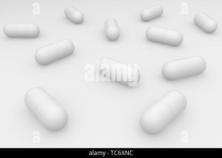A group of white pills on a white background. Antibiotics in the capsule. 3d rendering Stock Photo
