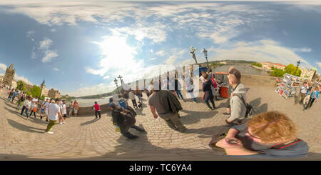 360 degree panoramic view of Prague, Czech Republic - May 14, 2019 :  360VR of tourists at Charles Bridge of Prague, Czech Republic.