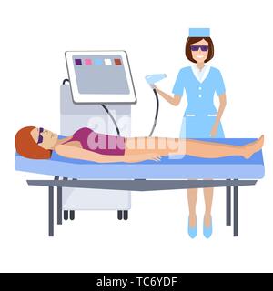 Flat modern illustration for laser hair removal, cosmetology, medicine on white background. The girl on the couch in the spa salon. Stock Vector