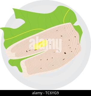 Top view of a fish steak with lettuce on a plate - Vector Stock Vector