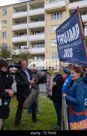 Shannon, Ireland, June. 5, 2019: Pro Trump Supporters at Shannon Airport, Ireland, shot in a portrait aspect Stock Photo