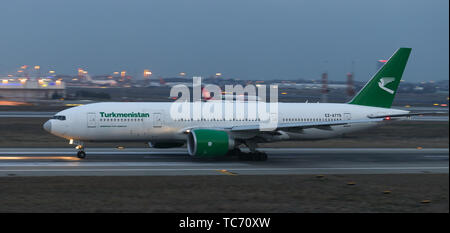 ISTANBUL, TURKEY - JANUARY 19, 2019: Turkmenistan Airlines Boeing 777-22KLR (CN 42297) takes off from Istanbul Ataturk Airport. TUA with 29 fleet size Stock Photo