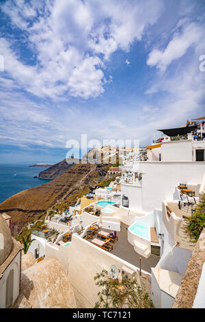 Panoramic View and Streets of Santorini Island in Greece, Shot in Thira, the capital city Stock Photo
