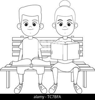 young kids with books on a bench black and white Stock Vector