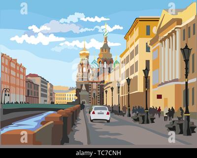 Cityscape of Church of the Savior on Blood in Saint Petersburg, Russia and embankment of river. Colorful vector  illustration. Stock Vector