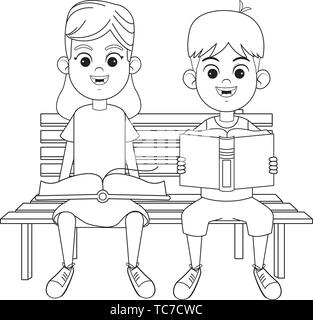 young kids with books on a bench black and white Stock Vector