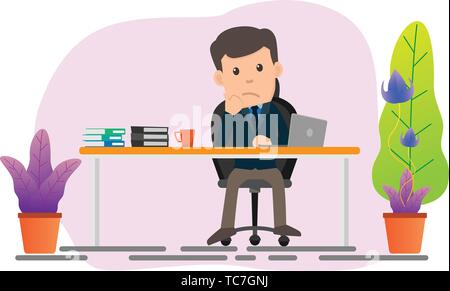 Business man sitting at his desk and boring with work. vector illustration flat style. Stock Vector