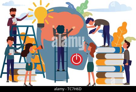 Knowledge concept. big head and brain has people around big head reading concept. modern flat design vector illustration. Stock Vector