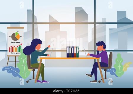Coworking space with creative people sitting at the table. Business team working together at the desk using laptops and discussion. vector illustratio Stock Vector