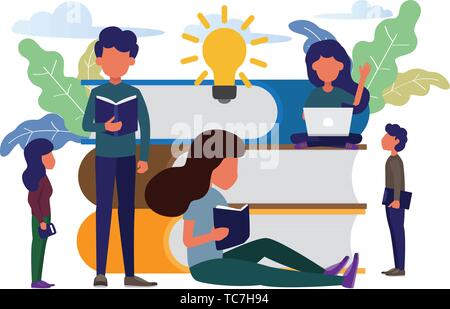 man and woman sitting front big books reading and knowledge. modern flat style vector illustration. Book festival concept of a small people reading a  Stock Vector
