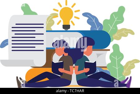 man and woman sitting front big books reading and knowledge. modern flat style vector illustration. Book festival concept of a small people reading a  Stock Vector