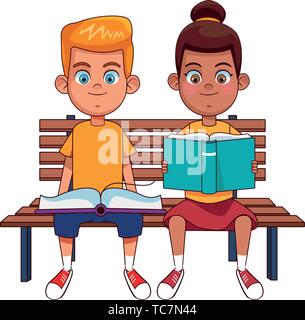 young kids with books on a bench Stock Vector