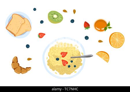 Still life with breakfast in a flat doodle style top view vector illustration Stock Vector