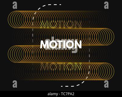 Motion design. Minimal concept with color circles and dashed lines. Advertising template on black background. Yellow geometric shapes for poster Stock Vector