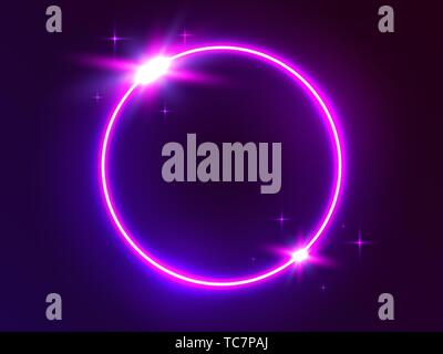 Neon circle. Futuristic round light. Glowing frame on dark backdrop. Light ring and glowing elements. 3d portal with modern effects. Bright circular Stock Vector