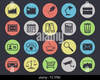 Office icons set isolated on black background. Business and finance Stock Vector