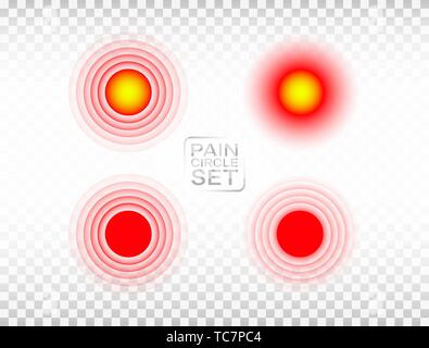Pain red circle set. Medical rings collection. Hurt marker. Aching place visualization on transparent background. Red sore symbol.Painful part of body Stock Vector