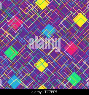 Colorful seamless pattern on violet background. Modern concept with color squares. Abstract geometric shapes. Vector illustration Stock Vector
