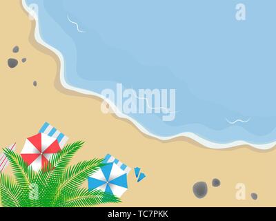 Seaside top view. Sandy beach with waves, palm tree and stones. Colored umbrellas and towels Stock Vector