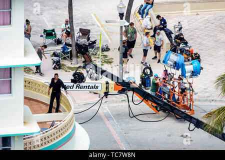 Miami Beach Florida,North Beach,Ocean Terrace,film movie shoot crew staff actors,Bad Boys for Life Will Smith Martin Lawrence,lighting spotlights,FL19 Stock Photo