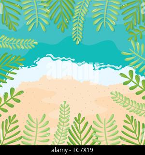 beach seascape with leafs frame summer scene vector illustration design Stock Vector