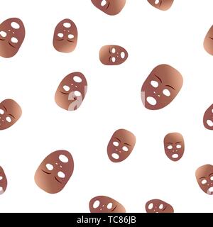 Seamless pattern of theatrical mask with astonished emotion. Vector illustration. Bronze mask with gradient isolated on white background. Stock Vector
