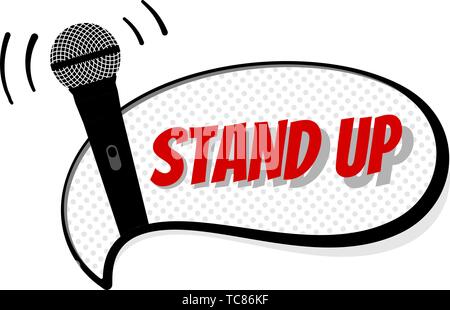 Stand up comedy night live show sign. Microphone silhouette with inscription on white comic bubble. Flat vector illustration Stock Vector