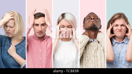 Collage of young men and women suffering from severe headache Stock Photo