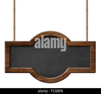 Blackboard with rounded shape hanging on ropes with wood planks ...