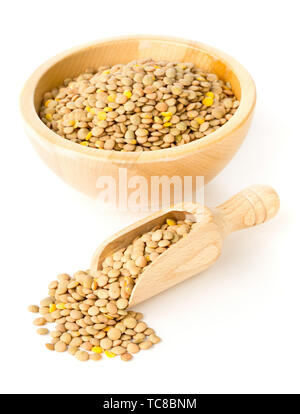 Raw lentils and scoop in bowl on wooden table, closeup. Space for text ...
